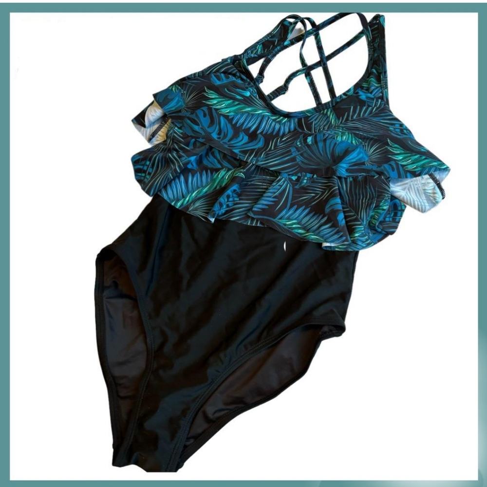 NWT Ocean Blues Blue Palm Leaves Print One Piece Swimsuit